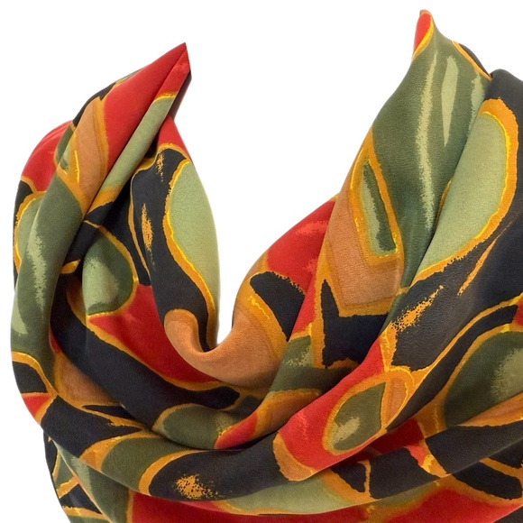 Vintage Abstract Silk Scarf – Red/Green/Gold Geometric Pattern - Hand Rolled - Picture 5 of 7